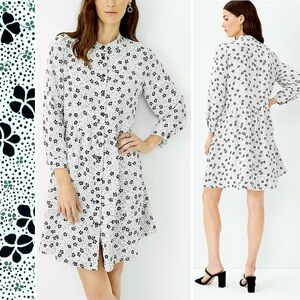 Ann Taylor Shirt Dress Floral Georgette Button Front Neck Shirred Skirt Large